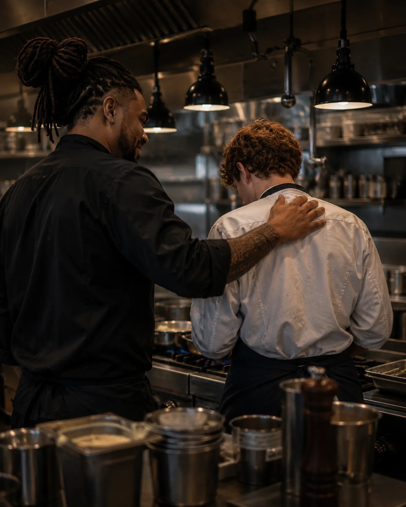 Un chef accompagne un cuisinier au piano.