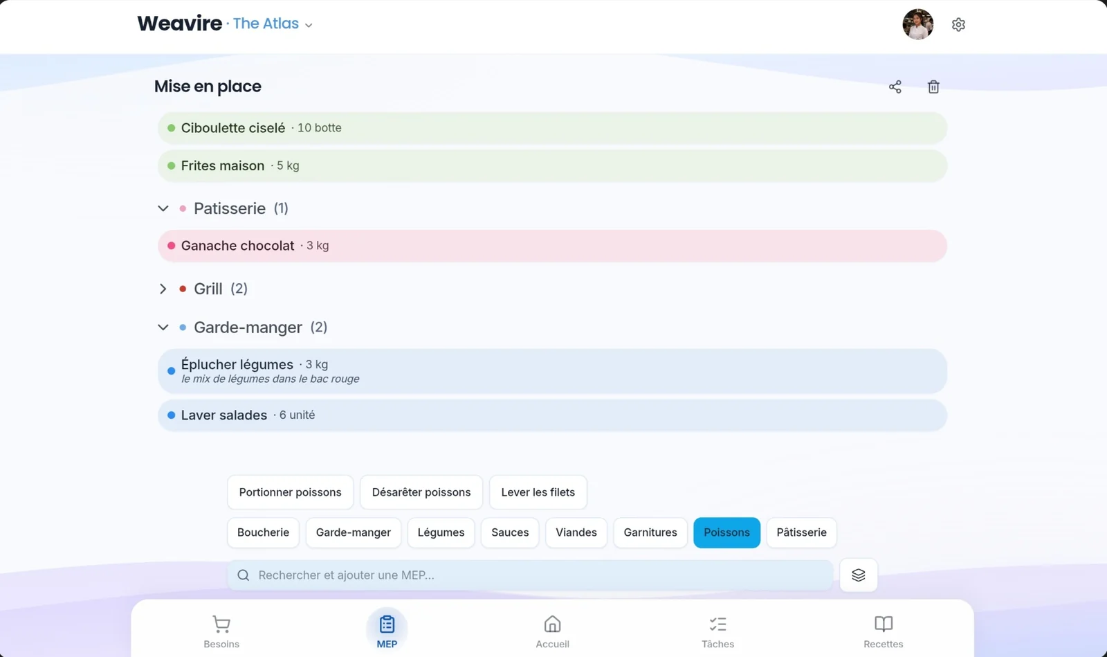Écran de l'application — Mises en place