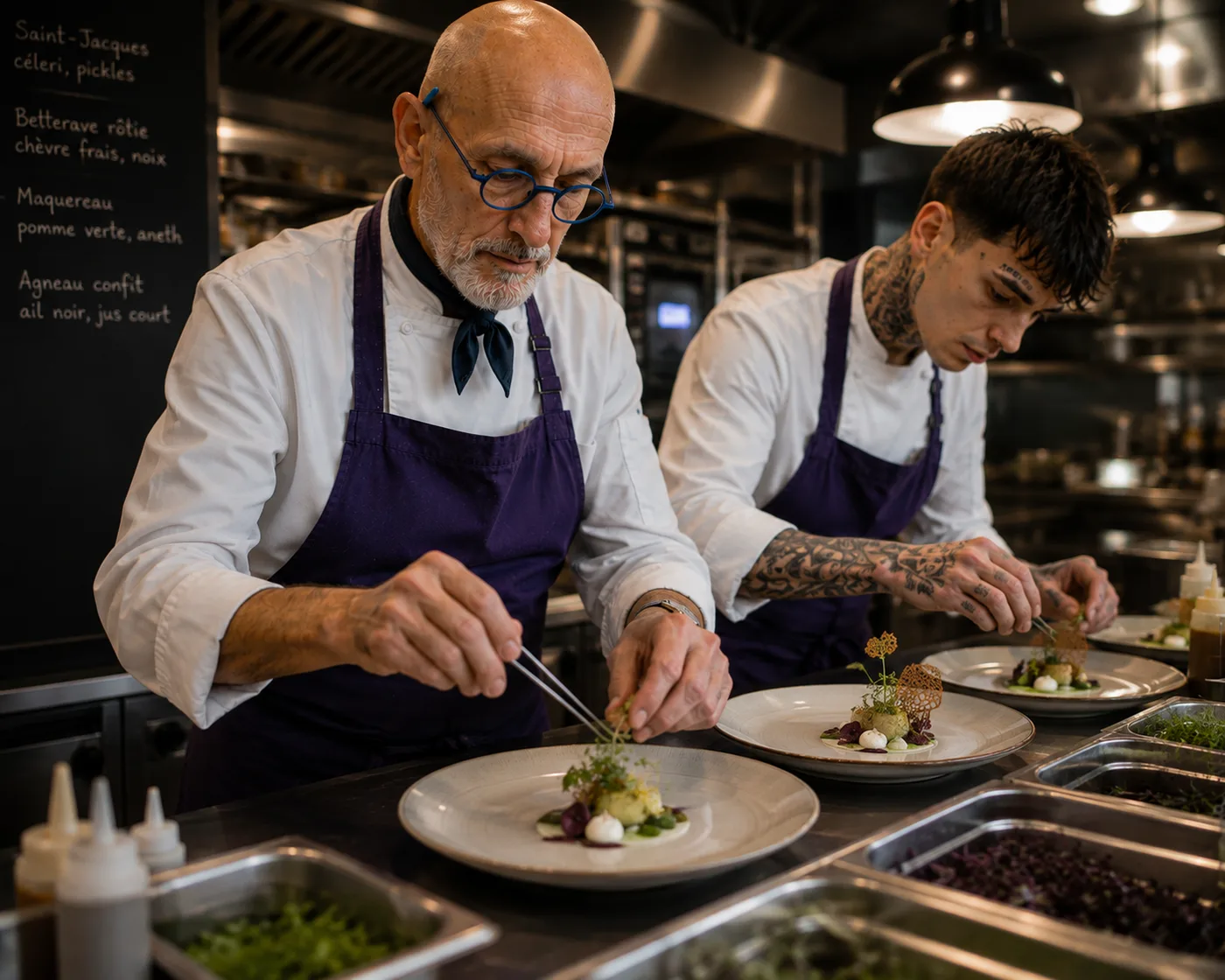 Deux chefs dressent des assiettes avec précision.