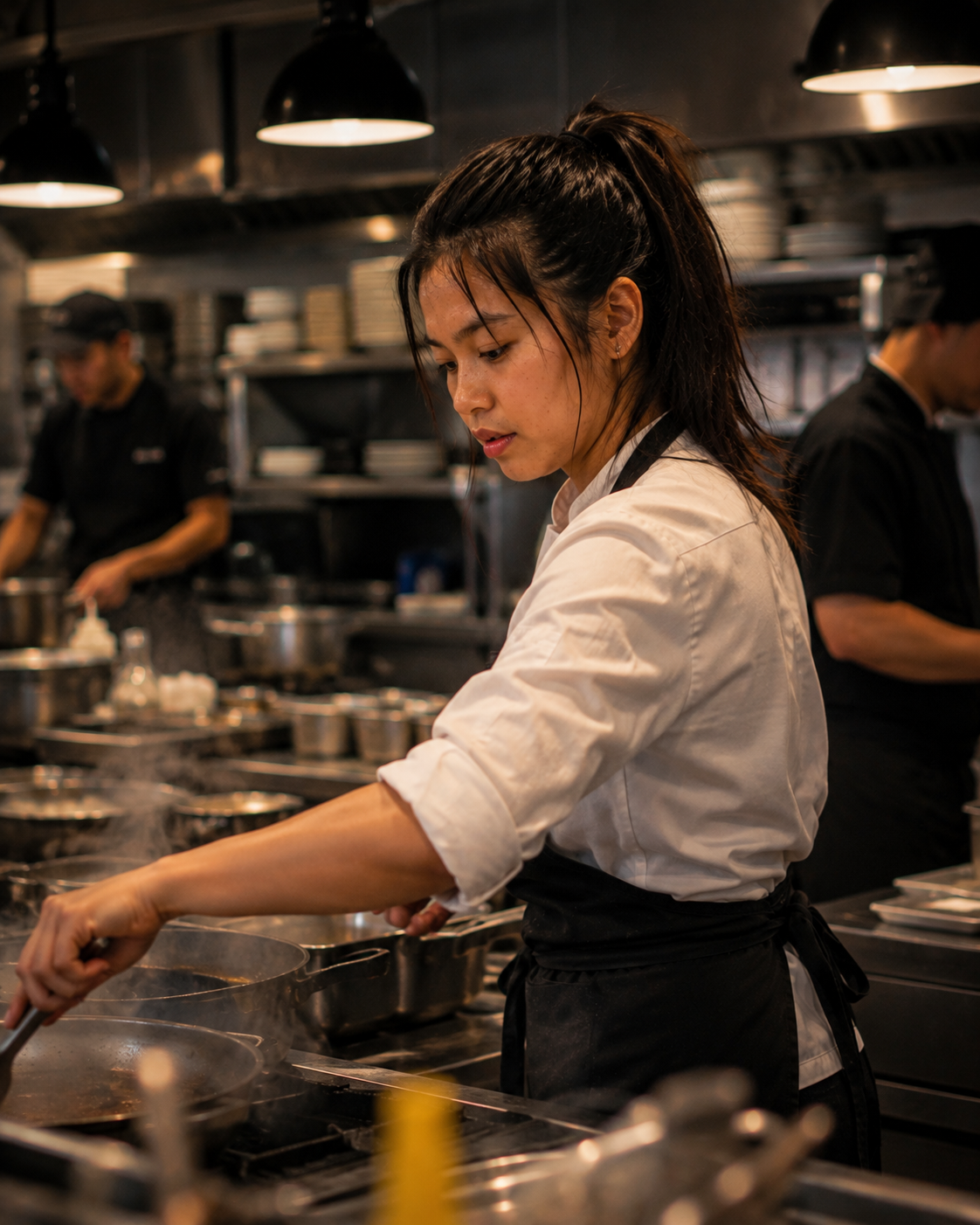 Cuisinière au piano, en pleine action pendant le service