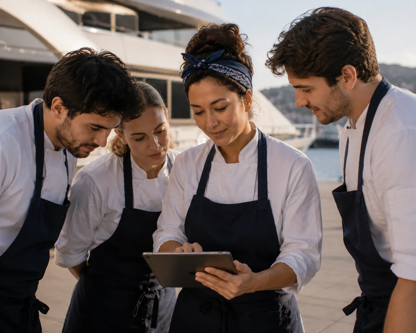 Équipe de cuisine consultant une tablette.