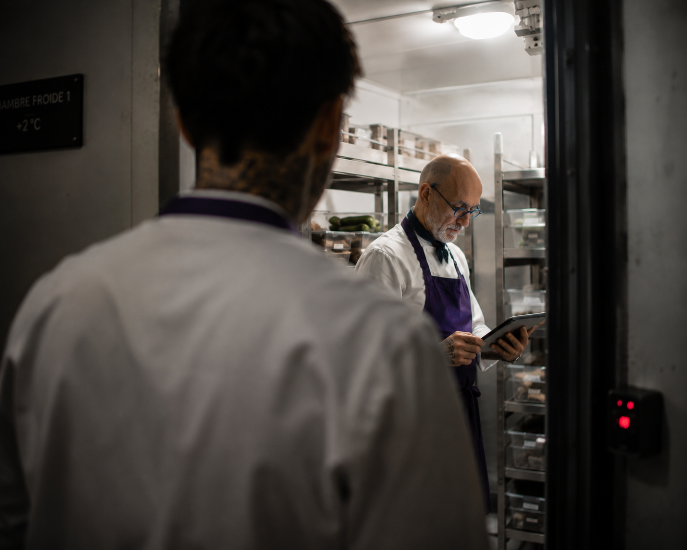 Chef consultant une tablette en chambre froide avec un membre de la brigade